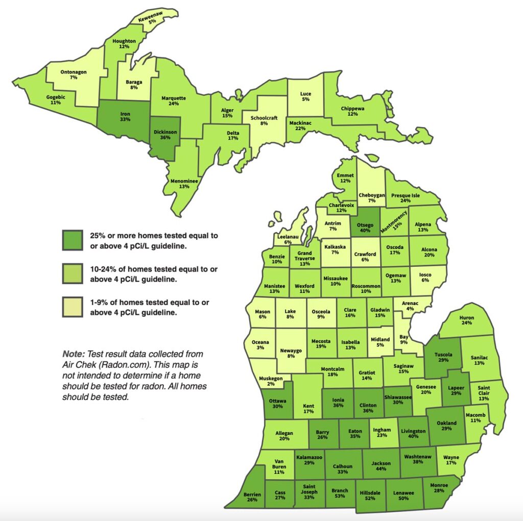 Michigan radon zone map showing high-risk counties.