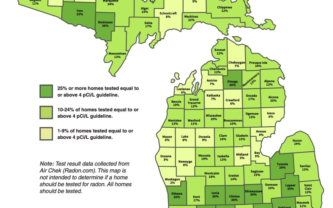Michigan radon zone map showing high-risk counties.